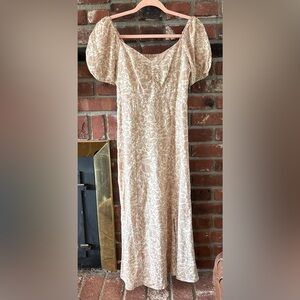 Jessica Simpson Tan & Cream Floral Maxi Dress Peasant Cottagecore Puff Sleeves S